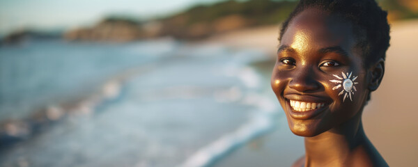 Beautiful smiling African American woman with a sunscreen sun painting on her cheek, against a beach background, banner with copy space. Concept of SPF in skin care and UV protection