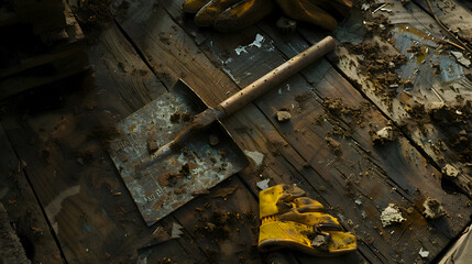A rustic trowel resting on weathered wood, amidst scattered soil and gardening gloves