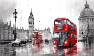 Foto op Canvas Red Double Decker Bus Braving the Rainy Urban Landscape © uhdenis