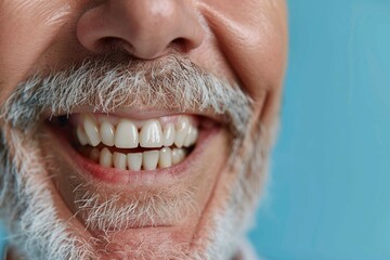 Cropped smile of an elderly man with a gray beard and perfect teeth and a macro zoom of a collage of an implanted tooth in the gum on a blue background with copy space. Dentistry concept, prosthetics