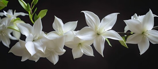 A cluster of delicate white magnolia blossoms and stellate flowers stand out against a stark black...
