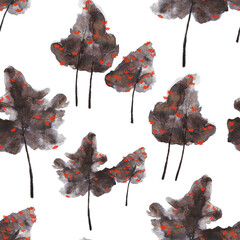 Seamless pattern with rowan trees. In black and red on a white background. Stylized in Asian style. Ink