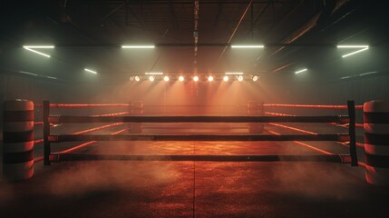 Empty boxing ring with red ropes for match in the stadium arena. Creative artwork decoration. Foggy background with light. - obrazy, fototapety, plakaty