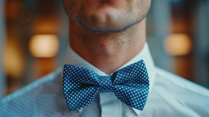 Close-up of a man in a blue bow tie. A man in a shirt and bow tie.