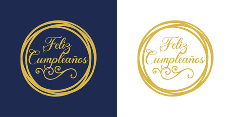 Celebración de cumpleaños. Logo con texto manuscrito Feliz Cumpleaños en español con marco circular con líneas para su uso en felicitaciones y tarjetas  © teracreonte