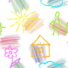 Children drawings on the background of colored spots. Marker pen and pencils. House, sun, mother, child, flower, cloud. Seamless pattern