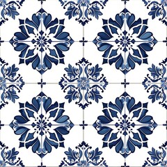 Tile Design: Azulejo Inspired Classic Blue and White, Square Background, Hand Edited Generative AI
