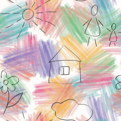 Children drawings on the background of colored pencils. House, sun, mother, child, flower, cloud. Seamless pattern