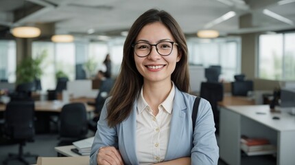 Confident Office Worker Wearing Glasses Smiles Happily in Job 