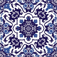 Tile Design: Classic Cobalt Blue and White, Azulejo Style, Square Background, Hand Edited Generative AI