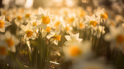 White daffodils in the field. Spring flowers in evening lit by the setting sun. - 745100785