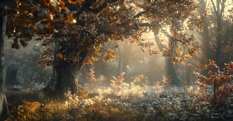 A serene glade bathed in the soft glow of dawn, where delicate morning mist hangs low among ancient trees adorned with colorful leaves, creating a scene straight out of a fairy tale