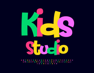 Vector bright banner Kids Studio with playful Font. Colorful set of Alphabet Letters and Numbers.