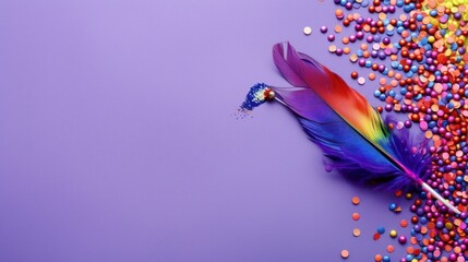 Obraz premium purple background with colorful feather with copy space