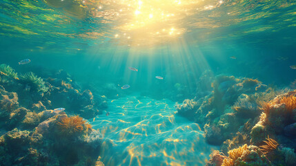 珊瑚礁に差し込む太陽光 - obrazy, fototapety, plakaty