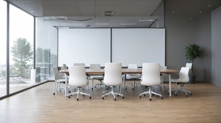 Elegant conference setup, wooden table, white chairs, panoramic view  - obrazy, fototapety, plakaty