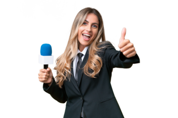 Young pretty Uruguayan tv presenter over isolated background with thumbs up because something good has happened
