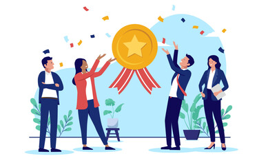 Business team achievement - Group of cheerful businesspeople celebrating award medal with confetti and smiling. Teamwork winners concept in flat design vector illustration with white background