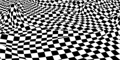 Abstract vector background  wavy surface with curve pattern  black quards. For banner. Black checkers isolated on white.