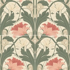 Tile Design: Art Nouveau Square Background with Sinuous Lines and Floral Patterns, Hand Edited Generative AI