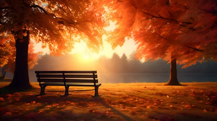 Photo sur Plexiglas Rouge violet A serene park ablaze with vibrant autumn hues, leaves gently cascading in the soft breeze against a backdrop of golden sunlight filtering through the trees