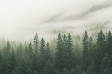 Evergreen forest veiled in misty ethereal fog of serene tranquility 