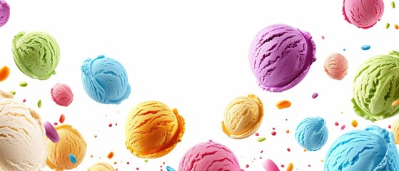 Assorted colorful Scoops of ice cream in various flavors levitating mid-air with vibrant sprinkles...