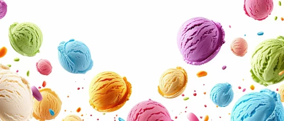 Foto op Plexiglas Assorted colorful Scoops of ice cream in various flavors levitating mid-air with vibrant sprinkles and playful color bursts against a white background © petrrgoskov