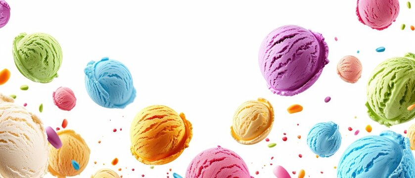 Assorted colorful Scoops of ice cream in various flavors levitating mid-air with vibrant sprinkles and playful color bursts against a white background