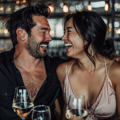 happy couple drinking wine in bar