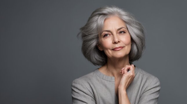 Fashionable woman with elegant gray hair looking up with confidence and grace 