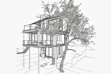 Architectural concept of modern treehouse