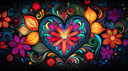 Fototapeta na wymiar Mandala heart abstract colorful background with flowers