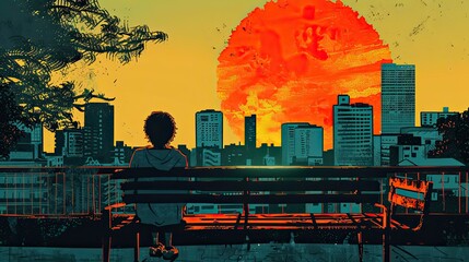 old school japanese art style of a person looking out at the sunset from a city bench