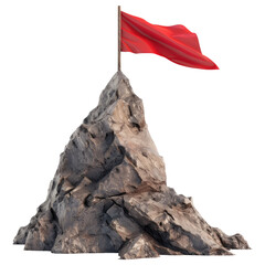 Mountain with red flag on the top isolated on transparent background - obrazy, fototapety, plakaty