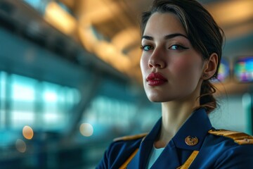 Obraz premium Portrait of beautiful Caucasian flight attendant in airport terminal