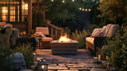 Beautiful backyard firepit at dusk with comfortable chairs - obrazy, fototapety, plakaty