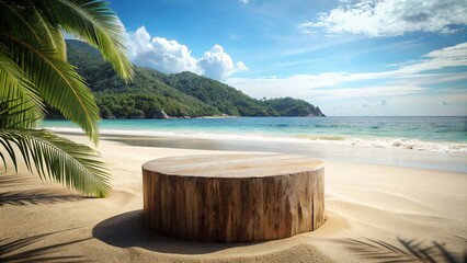Wooden platform overlooking tropical beach scene, great for product display