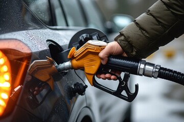 Person refueling car with orange nozzle at gas station filling up tank with gasoline fuel on side of vehicle - obrazy, fototapety, plakaty