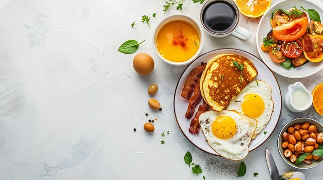 Full American Breakfast on white, top view, copy space. Sunny side fried eggs, roasted bacon, hash brown, pancakes, toasts, orange juice and coffee for breakfast.