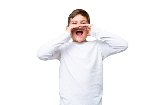 Little caucasian kid over isolated chroma key background shouting and announcing something