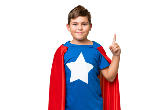 Super Hero caucasian kid over isolated chroma key background pointing with the index finger a great idea