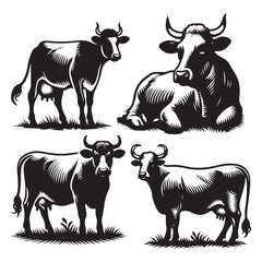 Set of cow silhouettes isolated on a white background, Vector illustration.