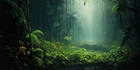 Paint draw rain in the forest. Adventure explore nature outdoor background scene
