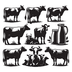 Set of cow silhouettes isolated on a white background, Vector illustration.