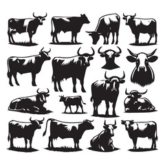 Set of cow silhouettes isolated on a white background, Vector illustration.