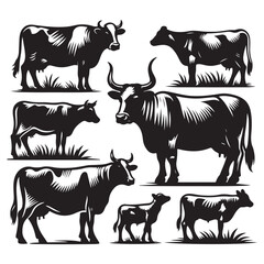 Set of cow silhouettes isolated on a white background, Vector illustration.