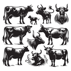 Set of cow silhouettes isolated on a white background, Vector illustration.
