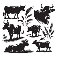 Set of cow silhouettes isolated on a white background, Vector illustration.