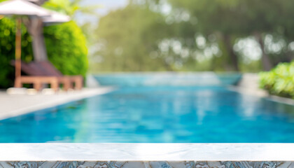 Empty white marble stone table top and blurred swimming pool in tropical resort in summer banner background - can used for display or montage your products.
